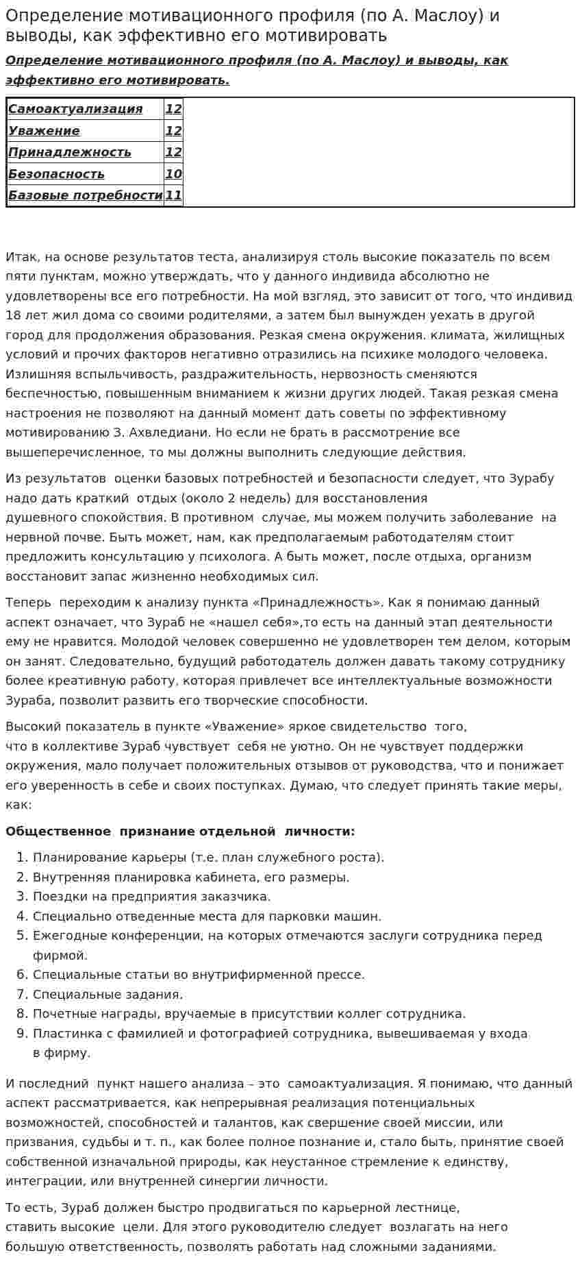 Определение мотивационного профиля (по А. Маслоу) и выводы, как эффективно его мотивировать