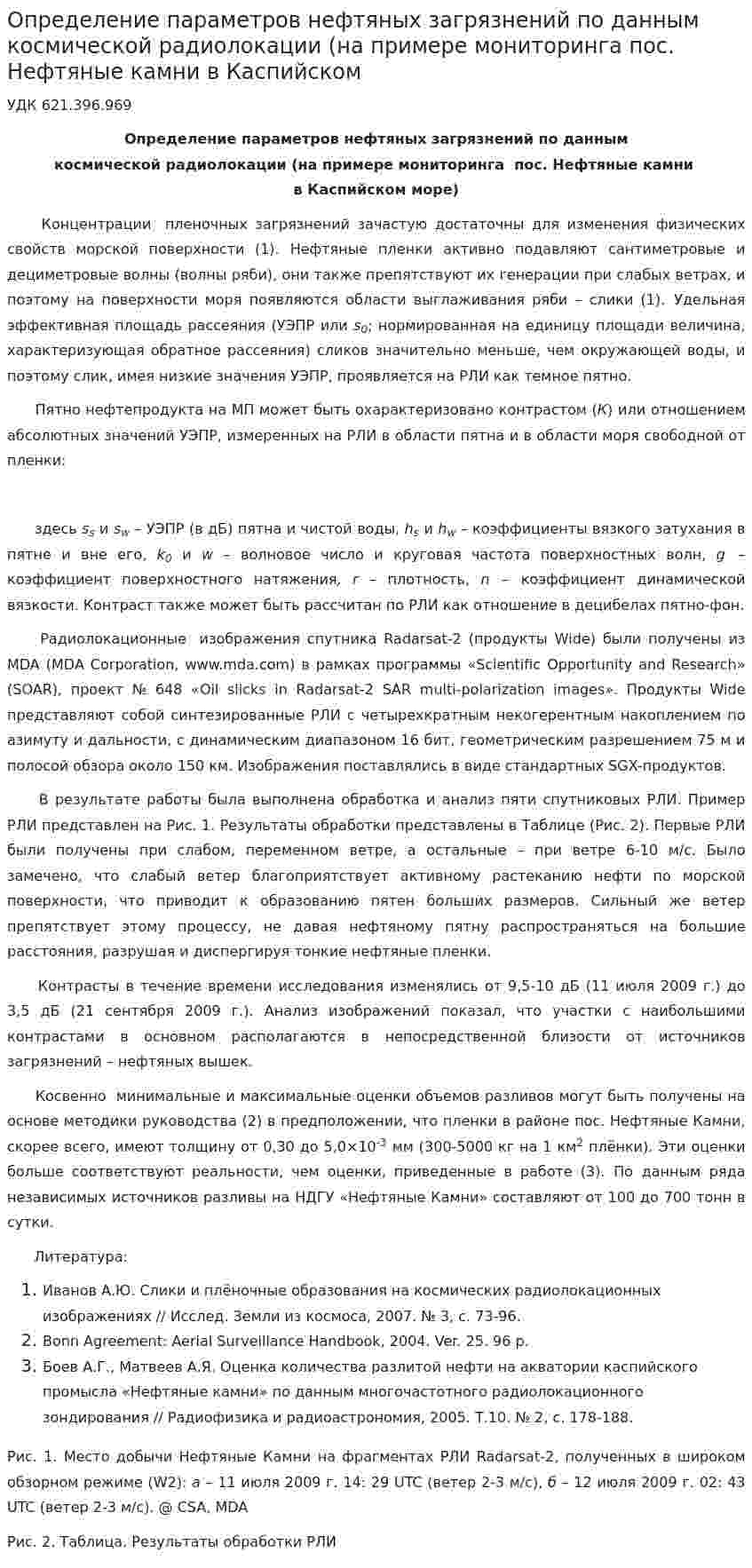 Определение параметров нефтяных загрязнений по данным космической радиолокации (на примере мониторинга пос. Нефтяные камни в Каспийском