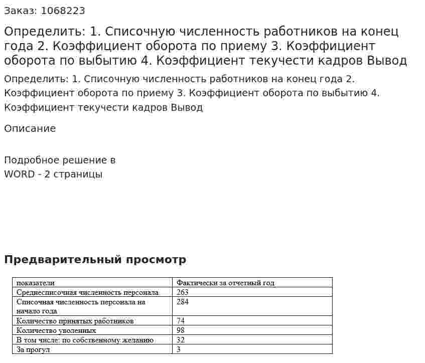 Определить:  1.	Списочную численность работников на конец года  2.	Коэффициент оборота по приему  3.	Коэффициент оборота по выбытию  4.	Коэффициент текучести кадров  Вывод 