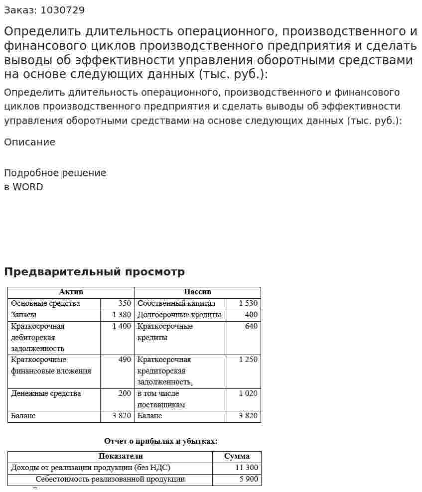 Определить длительность операционного, производственного и финансового циклов производственного предприятия и сделать выводы об эффективности управления оборотными средствами на основе следующих данных (тыс. руб.): 