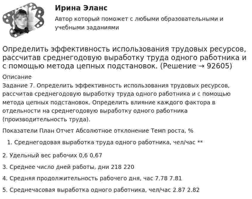      
            Описание
            Задание 7. Определить эффективность использования трудовых ресурсов, рассчитав среднегодовую выработку труда одного работника и с помощью метода цепных подстановок. Определить влияние каждого фактора в отдельности на среднегодовую выработку одного работника (производительность труда).Показатели	План	Отчет	Абсолютное отклонение	Темп роста, %Среднегодовая выработка труда одного работника, чел/час	**		2. Удельный вес рабочих	0,6	0,67		3. Среднее число дней работы, дни	218	220		4. Средняя продолжительность рабочего дня, час	7.78	7.81		5. Среднечасовая выработка одного работника, чел/час	2.87 2.82		   
            
            
            Определить энергию фотона, соответствующего второй линии ультрафиолетовой серии (серии Лаймана) спектра атома водорода. Определить эффективность использования трудовых ресурсов, рассчитав среднегодовую выработку труда одного работника и с помощью метода цепных подстановок.Определить эффективный диаметр молекулы газа, для которого критическая температура равна 282,7 К, поправка в уравнении Ван-дер-Ваальса a = 45,3·10-2 Н·м4/моль2.Определяющим фактором цифровой трансформации является:Опредление усилий в стержнях фермы. Построение линий влиянияОприходование основного средства (ОС), обнаруженного в ходе инвентаризации, отражается проводкой …Опросники – это …Определить энергию вращательного движения молекул, содержащихся в 1 кг азота при температуре 7 0С. Определить энергию вращательного движения молекулы кислорода при температуре t = – 173 °C.Определить энергию и силу притяжения обкладок плоского конденсатора при условии, что разность потенциалов между обкладками 5 кВ, заряд каждой обкладки 0,1 мкКл, расстояние между обкладками 1 см.Определить энергию, которую переносит за 0,5 мин плоская электромагнитная волна, распространяющаяся в воздухе, сквозь площадку 10 см2, расположенную перпендикулярно направлению распространения.Определить энергию, необходимую для разделения ядра 20Ne на две -частицы и ядро 12С. Энергии связи на один нуклон в ядрах 20Ne, 4Не и 12С равны соответственно 8,03; 7,07 и 7,68 МэВ.Определить энергию реакции взаимодействия ядра изотопа лития  (массовое число М = 7, зарядовое число Z = 3) с протоном, в результате  которой образуется ядро изотопа бериллия (М = 7, Z = 4) и нейтрон. Энергия  связи ядер изотопов лития и бериллияОпределить энергию связи, которую нужно затратить для отрыва нейтрона от ядра 23Na.