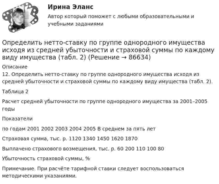     
            Описание
            12. Определить нетто-ставку по группе однородного имущества исходя из средней убыточности и страховой суммы по каждому виду имущества (табл. 2).Таблица 2Расчет средней убыточности по группе однородного имущества за 2001–2005 годыПоказателипо годам	2001	2002	2003	2004	2005	В среднем за пять летСтраховая сумма, тыс. р.	1120	1340	1450	1620	1870	Выплачено страхового возмещения, тыс. р.	60	200	110	100	80	Убыточность страховой суммы, % 						Примечание. При расчёте тарифной ставки следует воспользоваться методическими указаниями.   
            
            
            Определить несущую способность и необходимое армирование центрально нагруженного кирпичного столба. Исходные данные принять по (СНиП) в соответствии со своим вариантом и таблице 1. Для армирования принять сетки из проволоки диаметром 3 – 4 мм, класса В500 . Шаг сеток принимать кратно 75 мм (высота 1 ряда кирпичной кладки).Определить нетто-ставку по группе однородного имущества исходя из средней убыточности и страховой суммы по каждому виду имущества (табл. 2)Определить нормальное an, тангенциальное aT и полное ускорения a битера льноуборочного комбайна через 5 с после начала движения, если битер вращается с постоянным угловым ускорением  = 2 рад/с2. Диаметр битера d = 0,4 м.Определить нормативную прочность и состав твердеющей закладки, потребность закладочного комплекса в материалах, если годовая производительность рудника 800 тыс. т; глубина ведения горных работ 300 м; высота этажа 80 м; ширина панели 600 м; Определить норматив оборотных средств по автомобильному топливу при следующих исходных данные: норма запаса топлива - 7 дн., годовой расход топлива в стоимостном выражении - 2670 тыс.руб.Определить норму многостаночного обслуживания станков-дублеров и время простоев станков при обслуживании по схеме «с ожиданием», если tма=30 мин.; tз=7 мин.; Кд=0,95Определить образовавшееся ядро в следующей реакции (_3^7)Li+(_2^4)H X+(_0^1)n   .Определить напряжённость электрического поля между двумя бесконечными параллельными пластинами, равномерно заряженными с поверхностными плотностями s1 = 3,0·10-6 Кл/м2 и s2 = 6,5·10-6 Кл/м2.Определить напряжённость электрического поля между двумя бесконечными параллельными пластинами, равномерно заряженными с поверхностными плотностями s1 и s2.  Определить, на сколько процентов изменится КПД прямого цикла Карно, если температура нагревателя 894 К, а температура холодильника уменьшилась от 494 до 394 К.Определить натяжение стальной струны длиной 0,50 м и диаметром 0,20 мм, если известно, что она настроена в унисон с камертоном, частота которого 430 Гц.Определить начальную скорость, с которой тело брошено вертикально вверх, если на высоте 15 м оно было два раза с интервалом во времени 4 с. Сопротивлени¬е воздуха не учитывать.Определить начальную скорость, с которой тело брошено вертикально вверх, если на высоте 15 м оно было два раза с интервалом во времени 4 с. Сопротивление воздуха не учитывать.Определить необходимый напор Н для перекачки нефти по трубопроводу длиной L = 20 км, проложенному с уклоном в сторону движения i. Плотность нефти  920 кг/м3. Расход нефти без подогрева Q1, коэффициент кинетической вязкости v1, расход нефти 