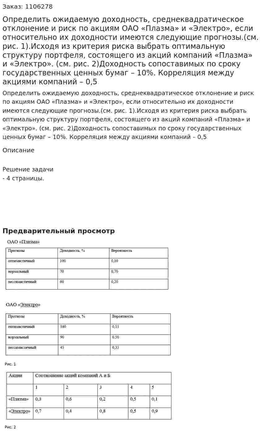 Определить ожидаемую доходность, среднеквадратическое отклонение и риск по акциям ОАО «Плазма» и «Электро», если относительно их доходности имеются следующие прогнозы.(см. рис. 1).Исходя из критерия риска выбрать оптимальную структуру портфеля, состоящего из акций компаний «Плазма» и «Электро». (см. рис. 2)Доходность сопоставимых по сроку государственных ценных бумаг – 10%. Корреляция   между акциями компаний – 0,5 