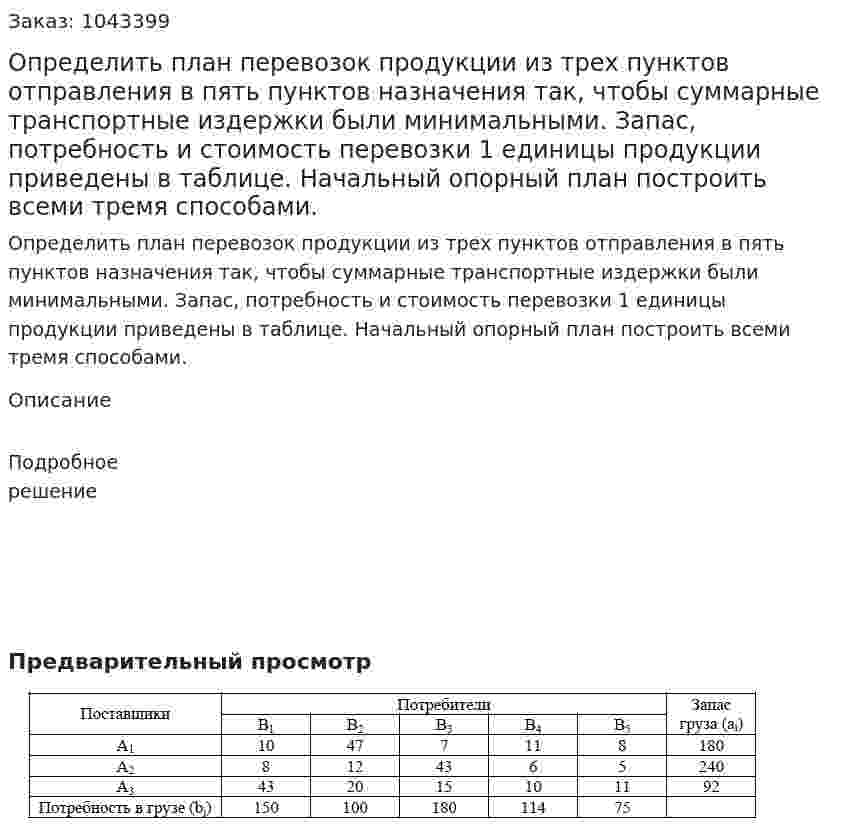 Определить план перевозок продукции из трех пунктов отправления в пять пунктов назначения так, чтобы суммарные транспортные издержки были минимальными. Запас, потребность и стоимость перевозки 1 единицы продукции приведены в таблице. Начальный опорный план построить всеми тремя способами. 