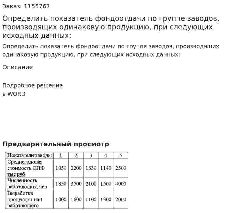 Определить показатель фондоотдачи по группе заводов, производящих одинаковую продукцию, при следующих  исходных данных: 