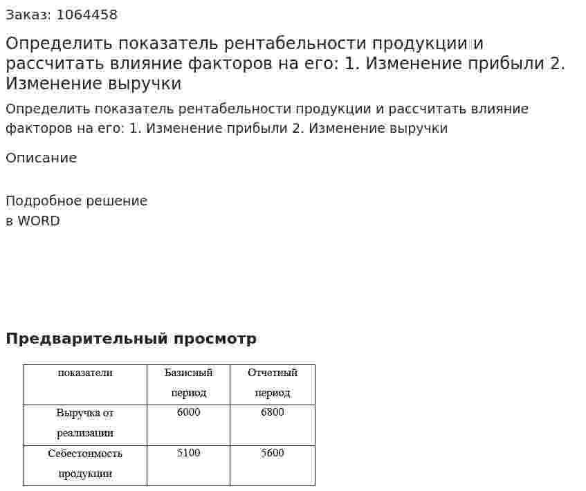 Определить показатель рентабельности продукции и рассчитать влияние факторов на его:  1. Изменение прибыли  2. Изменение выручки 
