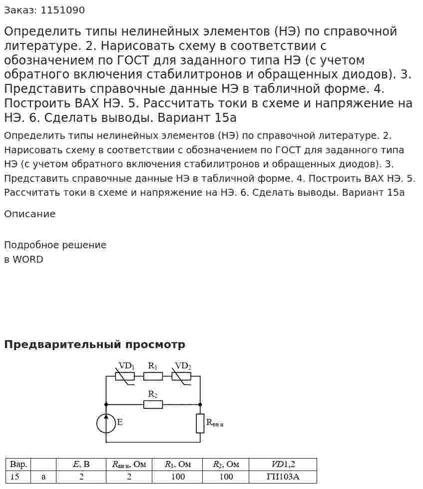 Определить типы нелинейных элементов (НЭ) по справочной литературе. 2.	Нарисовать схему в соответствии с обозначением по ГОСТ для заданного типа НЭ (с учетом обратного включения стабилитронов и обращенных диодов). 3.	Представить справочные данные НЭ в табличной форме. 4.	Построить ВАХ НЭ. 5.	 Рассчитать токи в схеме и напряжение на НЭ. 6.	Сделать выводы. Вариант 15а