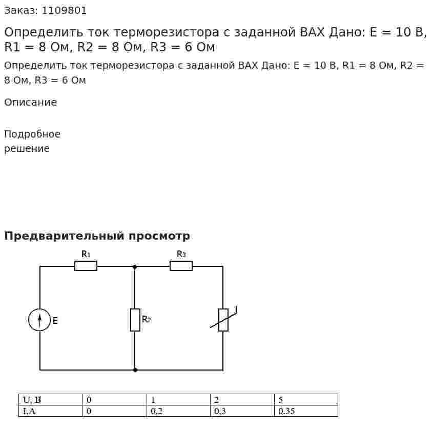 Определить ток терморезистора с заданной ВАХ  Дано: E = 10 В, R1 = 8 Ом, R2 = 8 Ом, R3 = 6 Ом 