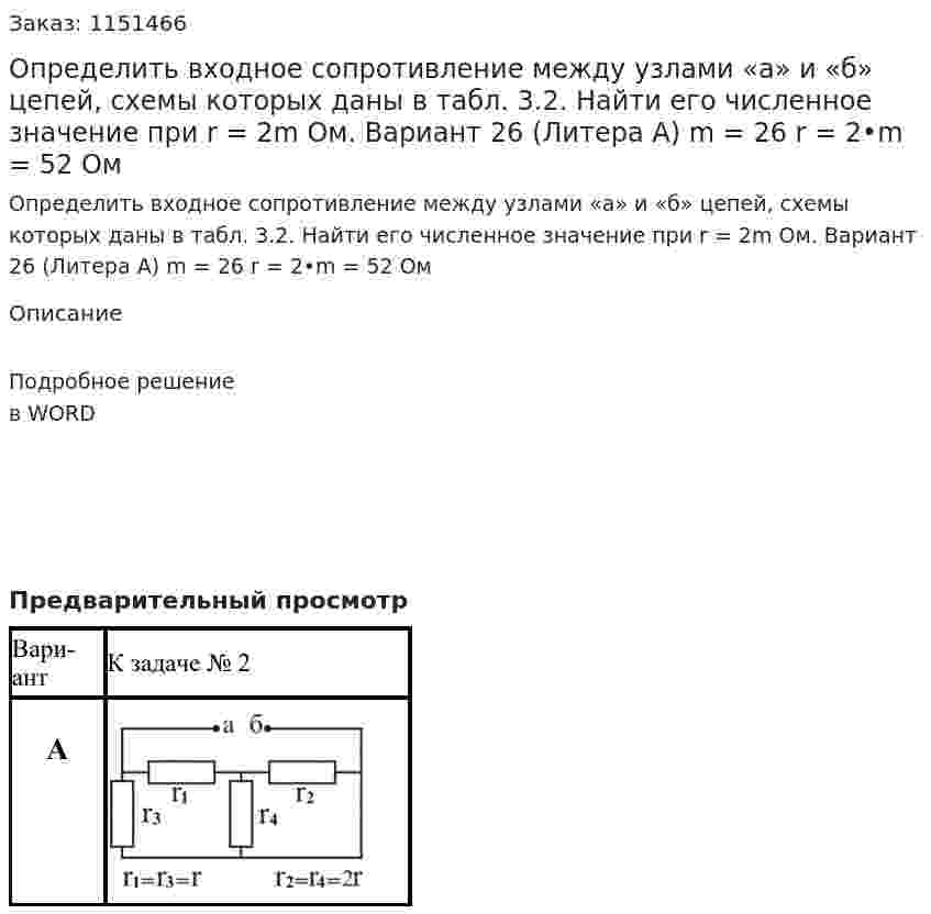 Определить входное сопротивление между узлами «а» и «б» цепей, схемы которых даны в табл. 3.2. Найти его численное значение при r = 2m Ом.   Вариант 26 (Литера А) m = 26 r = 2•m = 52 Ом 