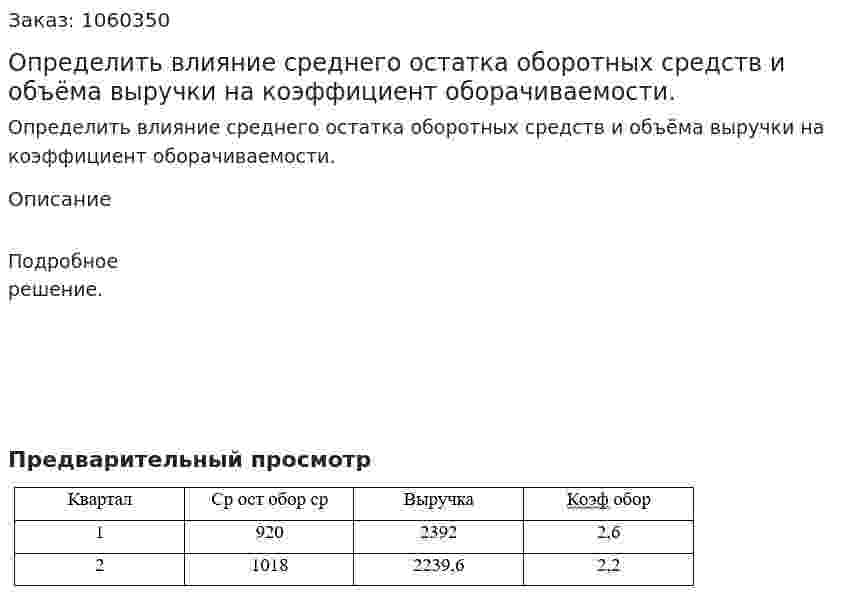 Определить влияние среднего остатка оборотных средств и объёма выручки на коэффициент оборачиваемости. 