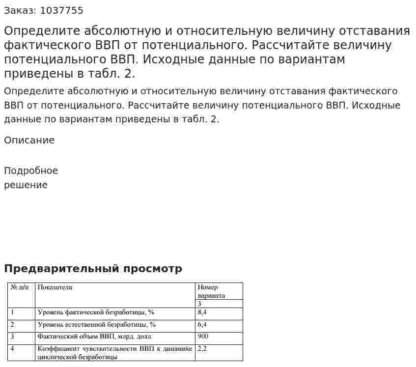 Определите абсолютную и относительную величину отставания фактического ВВП от потенциального. Рассчитайте величину потенциального ВВП. Исходные данные по вариантам приведены в табл. 2.  