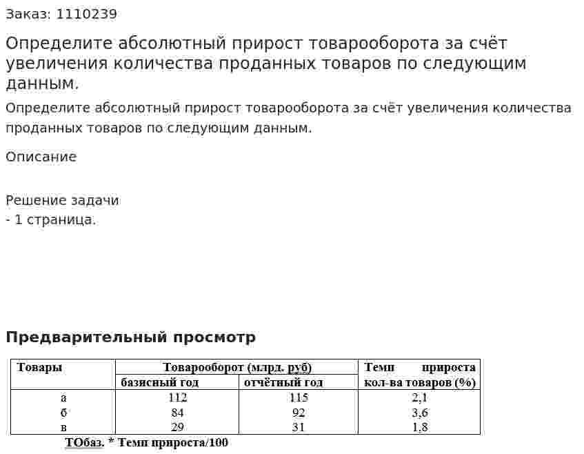 Определите абсолютный прирост товарооборота за счёт увеличения количества проданных товаров по следующим данным.  