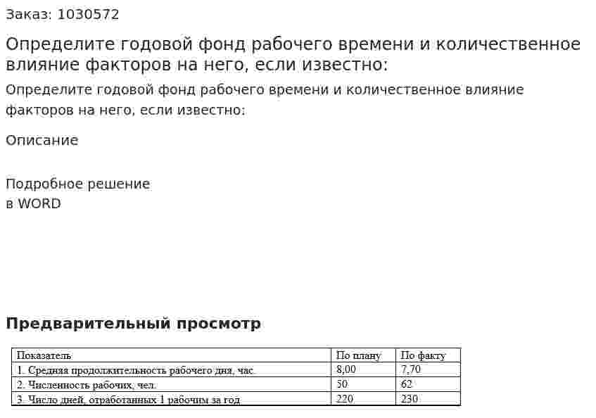 Определите годовой фонд рабочего времени и количественное влияние факторов на него, если известно: 