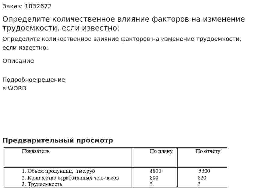 Определите количественное влияние факторов на изменение трудоемкости, если известно:  