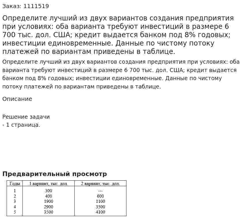 Определите лучший из двух вариантов создания предприятия при условиях: оба варианта требуют инвестиций в размере 6 700 тыс. дол. США; кредит выдается банком под 8% годовых; инвестиции единовременные. Данные по чистому потоку платежей по вариантам приведены в таблице. 
