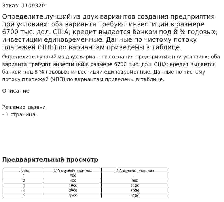 Определите лучший из двух вариантов создания предприятия при условиях: оба варианта требуют инвестиций в размере 6700 тыс. дол. США; кредит выдается банком под 8 % годовых; инвестиции единовременные. Данные по чистому потоку платежей (ЧПП) по вариантам приведены в таблице. 