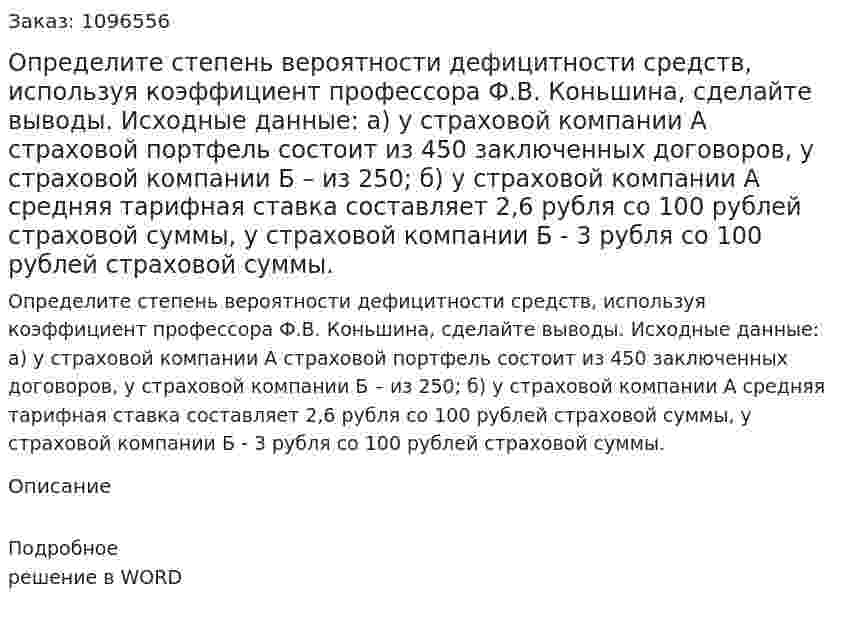 Определите степень вероятности дефицитности средств, используя коэффициент профессора Ф.В. Коньшина, сделайте выводы.  Исходные данные:  а)	у страховой компании А страховой портфель состоит из 450 заключенных договоров, у страховой компании Б – из 250;  б)	у страховой компании А средняя тарифная ставка составляет 2,6 рубля со 100 рублей страховой суммы, у страховой компании Б - 3 рубля со 100 рублей страховой суммы. 