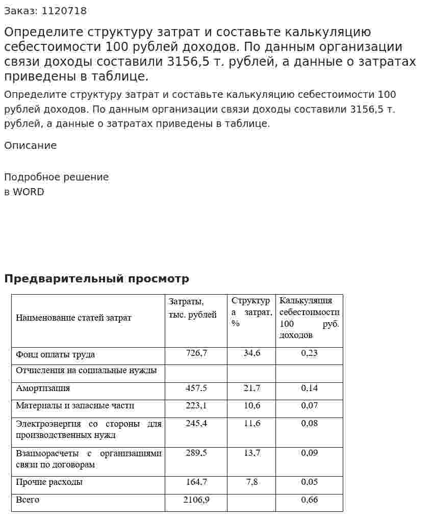 Определите структуру затрат и составьте калькуляцию себестоимости 100 рублей доходов. По данным организации связи доходы составили 3156,5 т. рублей, а данные о затратах приведены в таблице. 