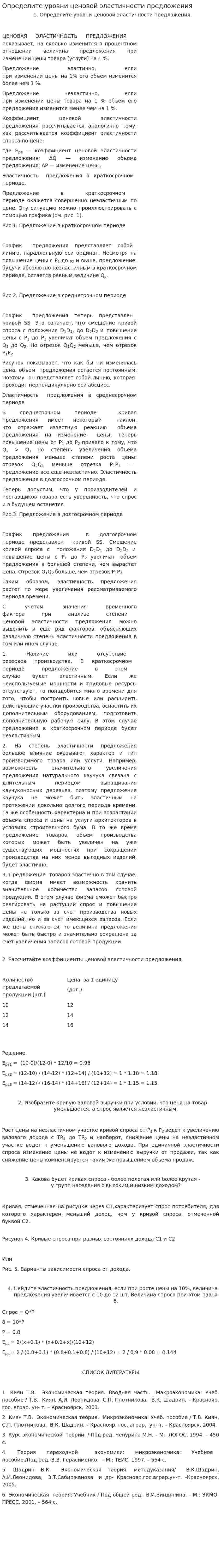 Определите уровни ценовой эластичности предложения
