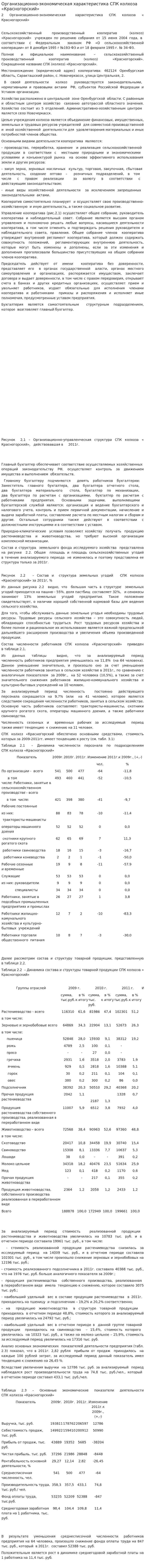 Организационно-экономическая характеристика СПК колхоза «Красногорский»