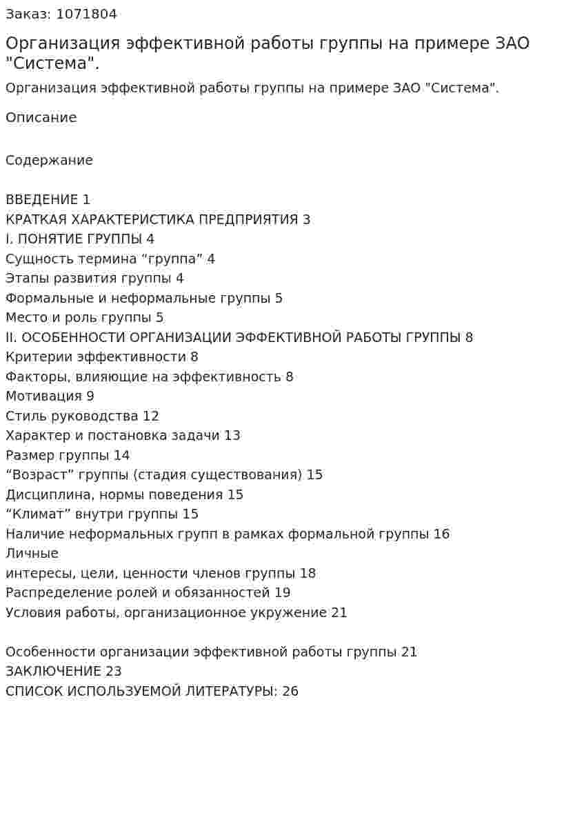 Организация эффективной работы группы на примере ЗАО "Система". (курсовая работа) 