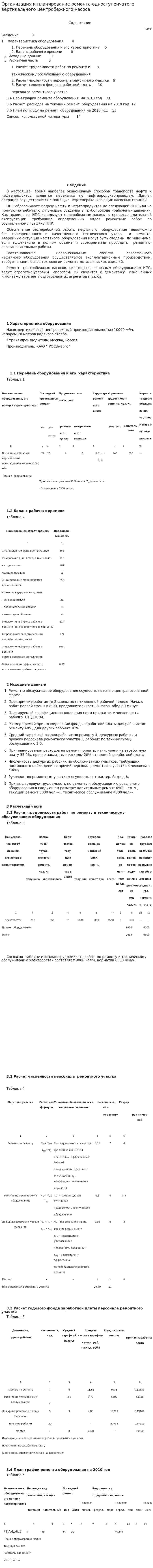 Организация и планирование ремонта одноступенчатого вертикального центробежного насоса