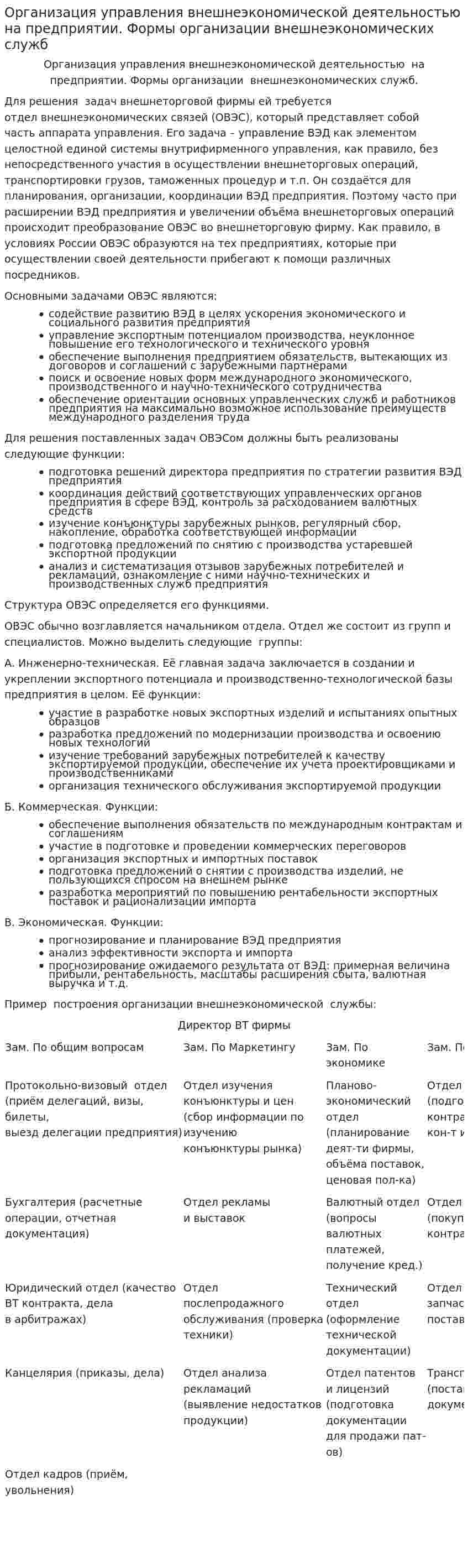Организация управления внешнеэкономической деятельностью на предприятии. Формы организации внешнеэкономических служб