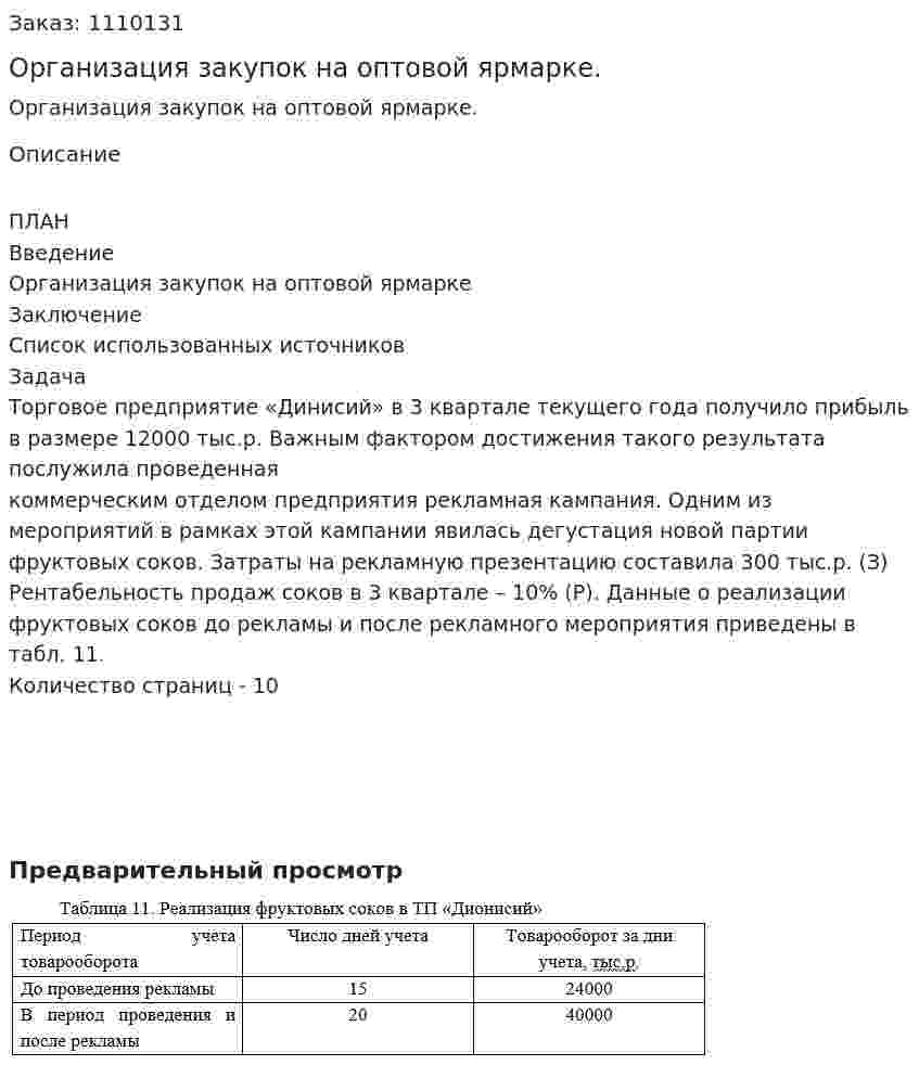 Организация закупок на оптовой ярмарке. (контрольная работа)	 
