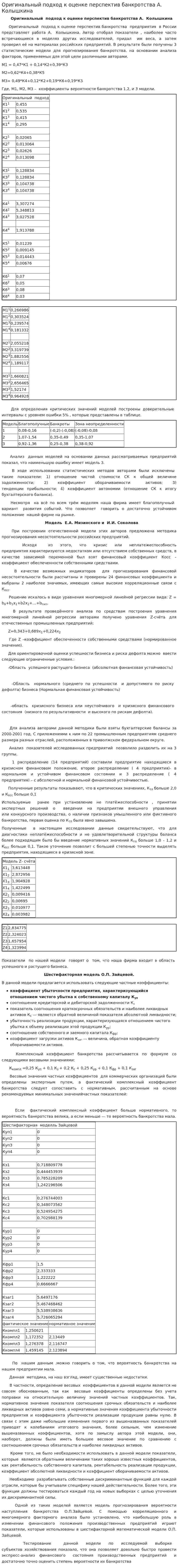 Оригинальный подход к оценке перспектив банкротства А. Колышкина