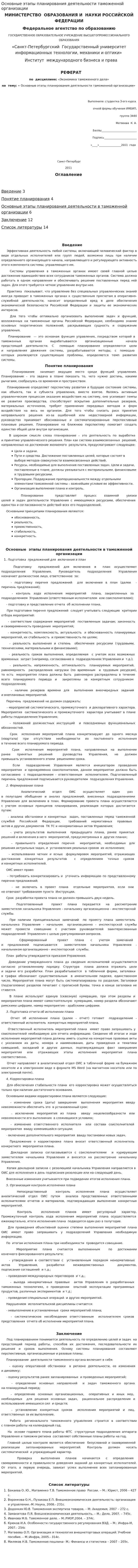 Основные этапы планирования деятельности таможенной организации