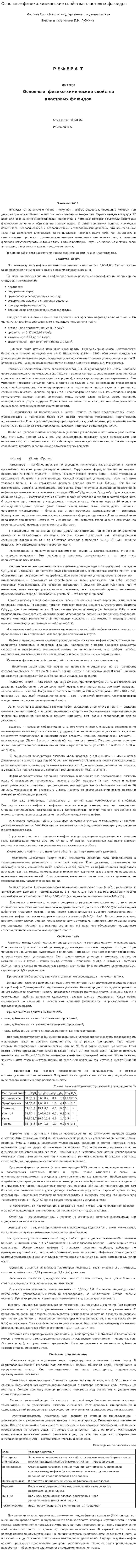 Основные физико-химические свойства пластовых флюидов