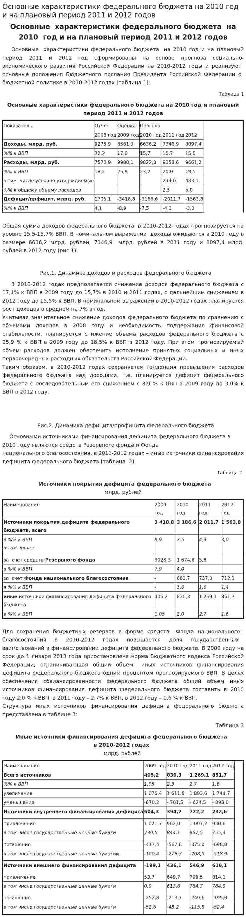 Основные характеристики федерального бюджета на 2010 год и на плановый период 2011 и 2012 годов