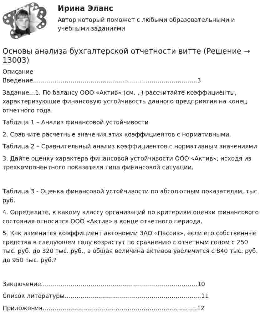      
          Описание
          Введение………………………………………….……….……………………3Задание…1.   По балансу ООО «Актив» (см. , ) рассчитайте коэффициенты, характеризующие финансовую устойчивость данного предприятия на конец отчетного года.Таблица 1 – Анализ финансовой устойчивости2.	Сравните расчетные значения этих коэффициентов с нормативными.Таблица 2 – Сравнительный анализ коэффициентов с нормативным значениями3.	Дайте оценку характера финансовой устойчивости ООО «Актив», исходя из трехкомпонентного показателя типа финансовой ситуации.Таблица 3 - Оценка финансовой устойчивости по абсолютным показателям, тыс. руб.4.	Определите, к какому классу организаций по критериям оценки финансового состояния относится ООО «Актив» в конце отчетного периода.5.   Как изменится коэффициент автономии ЗАО «Пассив», если его собственные средства в следующем году возрастут по сравнению с отчетным годом с 250 тыс. руб. до 320 тыс. руб., а общая величина активов увеличится с 840 тыс. руб. до 950 тыс. руб.? Заключение…………………………………………………………………….10Список литературы……………………………………………………………11Приложения……………………………………………………………………12  
            
            
            Основы анализа бухгалтерской отчетности 4к1с. Итоговый тест. (КСУ)Основы анализа бухгалтерской отчетности виттеОсновы анализа бухгалтерской (финансовой) отчетности /  Анализ финансовой отчетности. Синергия. Ответы на ИТОГОВЫЙ ТЕСТ. На отлично!💯 Основы анализа бухгалтерской (финансовой) отчетности.ои(dor_СПО) (ответы на тест Синергия / МОИ / МТИ / МосАП, декабрь 2023)💯 Основы анализа бухгалтерской (финансовой) отчетности.ои(dor_СПО) (ответы на тест Синергия / МТИ / МосАП, апрель 2023)⭐ Основы анализа бухгалтерской (финансовой) отчетности.ои(dor_СПО) (ответы на тест Синергия / МТИ / МосАП, март 2023)💯 Основы анализа бухгалтерской (финансовой) отчетности.ои(dor_СПО) (правильные ответы на тест Синергия / МОИ / МТИ / МосАП, август 2023)Основы алгоритмизации и программирования (новый) тест с ответами Синергия/МОИ/ МТИ💯 Основы алгоритмизации и программирования (ответы на тест Синергия / МОИ / МТИ / МосАП, октябрь 2023)Основы алгоритмизации и программирования//СИНЕРГИЯ//МОСАП//МОИ//МТИОсновы алгоритмизации и программирования//СИНЕРГИЯ//МОСап//МТИ//МОИОсновы алгоритмизации и программирования. Синергия. Ответы на ИТОГОВЫЙ ТЕСТ. На отлично!Основы алгоритмизации и программирования (тест с ответами  Колледж Синергия)Основы алгоритмизации и программирования (тест с ответами ММА/ИДО)
