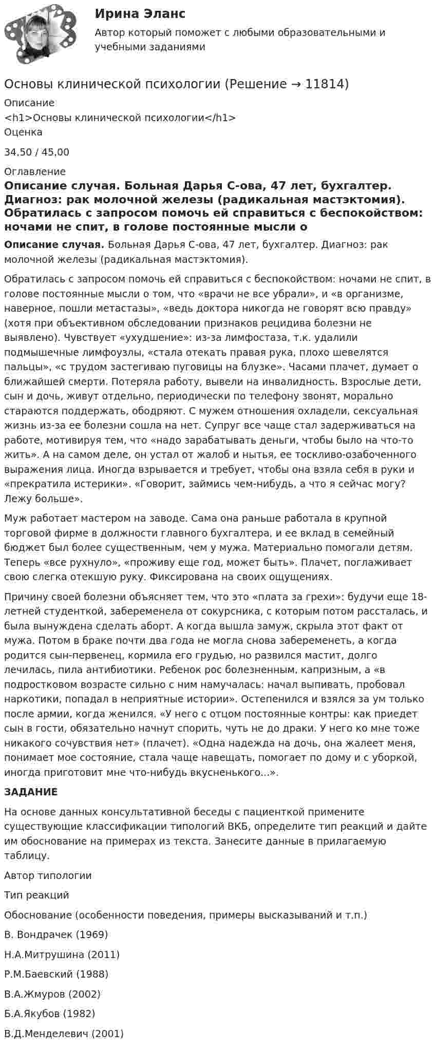      
          Описание
          <h1>Основы клинической психологии</h1>Оценка34,50 / 45,00 
          Оглавление
          Описание случая. Больная Дарья С-ова, 47 лет, бухгалтер. Диагноз: рак молочной железы (радикальная мастэктомия).       Обратилась с запросом помочь ей справиться с беспокойством: ночами не спит, в голове постоянные мысли о том, что «врачи не все убрали», и «в организме, наверное, пошли метастазы», «ведь доктора никогда не говорят всю правду» (хотя при объективном обследовании признаков рецидива болезни не выявлено). Чувствует «ухудшение»: из-за лимфостаза, т.к. удалили подмышечные лимфоузлы, «стала отекать правая рука, плохо шевелятся пальцы», «с трудом застегиваю пуговицы на блузке». Часами плачет, думает о ближайшей смерти. Потеряла работу, вывели на инвалидность. Взрослые дети, сын и дочь, живут отдельно, периодически по телефону звонят, морально стараются поддержать, ободряют. С мужем отношения охладели, сексуальная жизнь из-за ее болезни сошла на нет. Супруг все чаще стал задерживаться на работе, мотивируя тем, что «надо зарабатывать деньги, чтобы было на что-то жить». А на самом деле, он устал от жалоб и нытья, ее тоскливо-озабоченного выражения лица. Иногда взрывается и требует, чтобы она взяла себя в руки и «прекратила истерики». «Говорит, займись чем-нибудь, а что я сейчас могу? Лежу больше».      Муж работает мастером на заводе. Сама она раньше работала в крупной торговой фирме в должности главного бухгалтера, и ее вклад в семейный бюджет был более существенным, чем у мужа. Материально помогали детям. Теперь «все рухнуло», «проживу еще год, может быть». Плачет, поглаживает свою слегка отекшую руку. Фиксирована на своих ощущениях.       Причину своей болезни объясняет тем, что это «плата за грехи»: будучи еще 18-летней студенткой, забеременела от сокурсника, с которым потом рассталась, и была вынуждена сделать аборт. А когда вышла замуж, скрыла этот факт от мужа. Потом в браке почти два года не могла снова забеременеть, а когда родится сын-первенец, кормила его грудью, но развился мастит, долго лечилась, пила антибиотики. Ребенок рос болезненным, капризным, а «в подростковом возрасте сильно с ним намучалась: начал выпивать, пробовал наркотики, попадал в неприятные истории». Остепенился и взялся за ум только после армии, когда женился. «У него с отцом постоянные контры: как приедет сын в гости, обязательно начнут спорить, чуть не до драки. У него ко мне тоже никакого сочувствия нет» (плачет). «Одна надежда на дочь, она жалеет меня, понимает мое состояние, стала чаще навещать, помогает по дому и с уборкой, иногда приготовит мне что-нибудь вкусненького...». ЗАДАНИЕ    На основе данных консультативной беседы с пациенткой примените существующие классификации типологий ВКБ, определите тип реакций и дайте им обоснование на примерах из текста. Занесите данные в прилагаемую таблицу.Автор типологииТип реакцийОбоснование (особенности поведения, примеры высказываний и т.п.)В. Вондрачек (1969)  Н.А.Митрушина (2011)  Р.М.Баевский (1988)  В.А.Жмуров (2002)  Б.А.Якубов (1982)  В.Д.Менделевич (2001)    
            
            
            Основы клинической психологииОсновы клинической психологииОсновы клинической психологииОсновы командной работы  - контрольнаяОсновы коммерческой деятельностиОсновы коммерческой деятельности / 224 вопросаОсновы коммерческой деятельности   90 из 100 баллов (Ответы на тест Синергия, МОИ, МТИ) 2022-2023г Основы использования и конфигурирования 1С Предприятия СИНЕРГИЯ 2022 ОТВЕТЫ СБОРНИК ВСЕХ ВОПРОСОВОсновы использования инновационных технологий для повышения эффективности обучения - контрольнаяОсновы исследовательской деятельностиОсновы кадрового менеджмента, промежуточная аттестация, решение ситуацийОсновы кадровой политики и кадрового планированияОсновы кадровой политики и кадровое планирование ММУ 2023г.Основы клиентоориентированного подхода - контрольная
