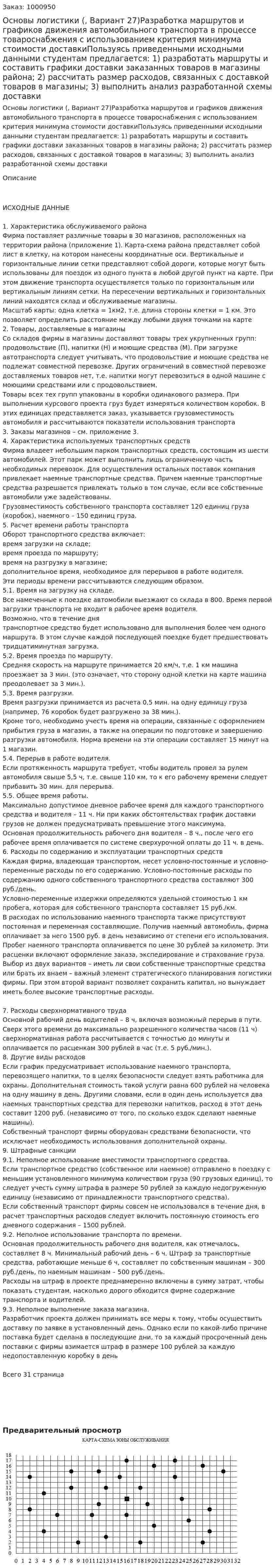 Основы логистики (Контрольная работа, Вариант 27)Разработка маршрутов и графиков движения автомобильного транспорта в процессе товароснабжения с использованием критерия минимума стоимости доставкиПользуясь приведенными исходными данными студентам предлагается: 1) разработать маршруты и составить графики доставки заказанных товаров в магазины района; 2) рассчитать размер расходов, связанных с доставкой товаров в магазины; 3) выполнить анализ разработанной схемы доставки 