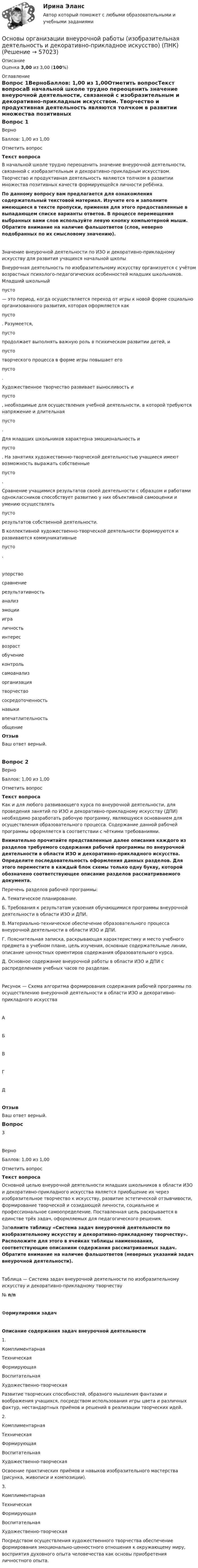      
            Описание
            Оценка 3,00 из 3,00 (100%) 
            Оглавление
            Вопрос 1ВерноБаллов: 1,00 из 1,00Отметить вопросТекст вопросаВ начальной школе трудно переоценить значение внеурочной деятельности, связанной с изобразительным и декоративно-прикладным искусством. Творчество и продуктивная деятельность являются толчком в развитии множества позитивных качеств формирующейся личности ребёнка. По данному вопросу вам предлагается для ознакомления содержательный текстовой материал. Изучите его и заполните имеющиеся в тексте пропуски, применяя для этого предоставленные в выпадающем списке варианты ответов. В процессе перемещения выбранных вами слов используйте левую кнопку компьютерной мыши. Обратите внимание на наличие фальшответов (слов, неверно подобранных по их смысловому значению).Значение внеурочной деятельности по ИЗО и декоративно-прикладному искусству для развития учащихся начальной школы Внеурочная деятельность по изобразительному искусству организуется с учётом возрастных психолого-педагогических особенностей младших школьников. Младший школьный  пусто  — это период, когда осуществляется переход от игры к новой форме социально организованного развития, которая оформляется как  пусто . Разумеется,  пусто  продолжает выполнять важную роль в психическом развитии детей, и  пусто  творческого процесса в форме игры повышает его  пусто .Художественное творчество развивает выносливость и  пусто , необходимые для осуществления учебной деятельности, в которой требуются напряжение и длительная  пусто .Для младших школьников характерна эмоциональность и  пусто . На занятиях художественно-творческой деятельностью учащиеся имеют возможность выражать собственные  пусто .Сравнение учащимися результатов своей деятельности с образцом и работами одноклассников способствует развитию у них объективной самооценки и умению осуществлять  пусто  результатов собственной деятельности.В коллективной художественно-творческой деятельности формируются и развиваются коммуникативные  пусто . упорствосравнение результативностьанализэмоциииграличностьинтересвозрастобучениеконтрольсамоанализорганизациятворчествососредоточенностьнавыкивпечатлительностьобщениеОтзывВаш ответ верный.Вопрос 2ВерноБаллов: 1,00 из 1,00Отметить вопросТекст вопросаКак и для любого развивающего курса по внеурочной деятельности, для проведения занятий по ИЗО и декоративно-прикладному искусству (ДПИ) необходимо разработать рабочую программу, являющуюся основанием для осуществления образовательного процесса. Содержание данной рабочей программы оформляется в соответствии с чёткими требованиями. Внимательно прочитайте представленные далее описания каждого из разделов требуемого содержания рабочей программы по внеурочной деятельности в области ИЗО и декоративно-прикладного искусства. Определите последовательность оформления данных разделов. Для этого переместите в каждый блок схемы только одну букву, которой обозначено соответствующее описание разделов рассматриваемого документа. Перечень разделов рабочей программы:А. Тематическое планирование.Б.  Требования к результатам усвоения обучающимися программы внеурочной деятельности в области ИЗО и ДПИ.В. Материально-техническое обеспечение образовательного процесса внеурочной деятельности в области ИЗО и ДПИ.Г.  Пояснительная записка, раскрывающая характеристику и место учебного предмета в учебном плане, цель изучения, основные содержательные линии, описание ценностных ориентиров содержания образовательного курса.Д. Основное содержание внеурочной работы в области ИЗО и ДПИ с распределением учебных часов по разделам.Рисунок — Схема алгоритма формирования содержания рабочей программы по осуществлению внеурочной деятельности в области ИЗО и декоративно-прикладного искусстваАБВГДОтзывВаш ответ верный.Вопрос 3ВерноБаллов: 1,00 из 1,00Отметить вопросТекст вопросаОсновной целью внеурочной деятельности младших школьников в области ИЗО и декоративно-прикладного искусства является приобщение их через изобразительное творчество к искусству, развитие эстетической отзывчивости, формирование творческой и созидающей личности, социальное и профессиональное самоопределение. Поставленная цель раскрывается в единстве трёх задач, оформляемых для педагогического решения. Заполните таблицу «Система задач внеурочной деятельности по изобразительному искусству и декоративно-прикладному творчеству». Расположите для этого в ячейках таблицы наименования, соответствующие описаниям содержания рассматриваемых задач. Обратите внимание на наличие фальшответов (неверных указаний задач внеурочной деятельности).   Таблица — Система задач внеурочной деятельности по изобразительному искусству и декоративно-прикладному творчеству№ п/пФормулировки задачОписание содержания задач внеурочной деятельности1. КомплиментарнаяТехническаяФормирующаяВоспитательнаяХудожественно-творческая Развитие творческих способностей, образного мышления фантазии и воображения учащихся, посредством использования игры цвета и различных фактур, нестандартных приёмов и решений в реализации творческих идей.2. КомплиментарнаяТехническаяФормирующаяВоспитательнаяХудожественно-творческая Освоение практических приёмов и навыков изобразительного мастерства (рисунка, живописи и композиции).3. КомплиментарнаяТехническаяФормирующаяВоспитательнаяХудожественно-творческая Посредством осуществления художественного творчества обеспечение формирования эмоционально-ценностного отношения к окружающему миру, восприятия духовного опыта человечества как основы приобретения личностного опыта.  
            
            
            Основы организации внеурочной работы (изобразительная деятельность и декоративно-прикладное искусство) (ПНК)Основы организации внеурочной работы (изобразительная деятельность и декоративно-прикладное искусство) (ПНК)Основы организации внеурочной работы (изобразительная деятельность и декоративно-прикладное искусство) (ПНК)Основы организации внеурочной работы (изобразительная деятельность и декоративно-прикладное искусство) (ПНК)Основы организации внеурочной работы (изобразительная деятельность и декоративно-прикладное искусство) (ПНК)Основы организации внеурочной работы (изобразительная деятельность и декоративно-прикладное искусство) (ПНК)Основы организации внеурочной работы (изобразительная деятельность и декоративно-прикладное искусство) (ПНК)Основы организации внеурочной работы ИЗООсновы организации внеурочной работы (изобразительная деятельность и декоративно-прикладное искусствоОсновы организации внеурочной работы (изобразительная деятельность и декоративно-прикладное искусство) (ПНК)Основы организации внеурочной работы (изобразительная деятельность и декоративно-прикладное искусство) (ПНК)Основы организации внеурочной работы (изобразительная деятельность и декоративно-прикладное искусство) (ПНК)Основы организации внеурочной работы (изобразительная деятельность и декоративно-прикладное искусство) (ПНК)Основы организации внеурочной работы (изобразительная деятельность и декоративно-прикладное искусство) (ПНК)