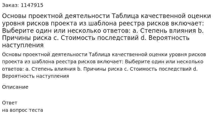 Основы проектной деятельности Таблица качественной оценки уровня рисков проекта из шаблона реестра рисков включает:  Выберите один или несколько ответов:  a. Степень влияния  b. Причины риска  c. Стоимость последствий  d. Вероятность наступления 