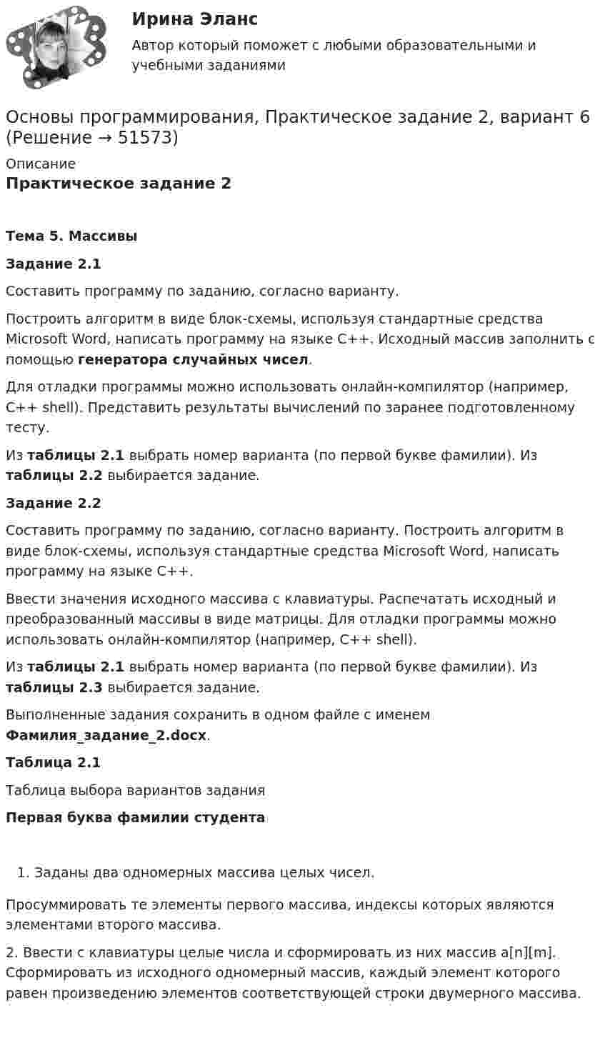     
            Описание
            Практическое задание 2Тема 5. МассивыЗадание 2.1Составить программу по заданию, согласно варианту.Построить алгоритм в виде блок-схемы, используя стандартные средства Microsoft Word, написать программу на языке С++. Исходный массив заполнить с помощью генератора случайных чисел.Для отладки программы можно использовать онлайн-компилятор (например, С++ shell). Представить результаты вычислений по заранее подготовленному тесту.Из таблицы 2.1 выбрать номер варианта (по первой букве фамилии). Из таблицы 2.2 выбирается задание.Задание 2.2Составить программу по заданию, согласно варианту. Построить алгоритм в виде блок-схемы, используя стандартные средства Microsoft Word, написать программу на языке С++. Ввести значения исходного массива с клавиатуры. Распечатать исходный и преобразованный массивы в виде матрицы. Для отладки программы можно использовать онлайн-компилятор (например, С++ shell).Из таблицы 2.1 выбрать номер варианта (по первой букве фамилии). Из таблицы 2.3 выбирается задание. Выполненные задания сохранить в одном файле с именем Фамилия_задание_2.docx.  Таблица 2.1	Таблица выбора вариантов задания  Первая буква фамилии студентаЗаданы два одномерных массива целых чисел.Просуммировать те элементы первого массива, индексы которых являются элементами второго массива.2. Ввести с клавиатуры целые числа и сформировать из них массив a[n][m]. Сформировать из исходного одномерный массив, каждый элемент которого равен произведению элементов соответствующей строки двумерного массива.   
            
            
            Основы программирования (практические задания, вариант 4)Основы программирования, Практическое задание 2, вариант 6Основы программирования, Практическое задание 3, вариант 6Основы программирования РОСДИСТАНТ двумерные массивы С++Основы программирования РОСДИСТАНТ массивы с++  ОСНОВЫ ПРОГРАММИРОВАНИЯ СИНЕРГИЯ 2022 ОТВЕТЫ ВСЕ ВОПРОСЫОсновы программирования(ТПУ)✅ Основы программирования на С++ 54 вопроса СИНЕРГИЯ МТИ 2022Основы программирования на С++ ответы синергия 2022Основы программирования на С++ СинергияОсновы программирования на С# СИНЕРГИЯ ответыОсновы программирования на С++ тест Синергия(2023) 56 вопросовОсновы программирования на языке PythonОсновы программирования на языке Python / Основы Python (ответы на тест Синергия / МТИ / МОИ / МосАП)