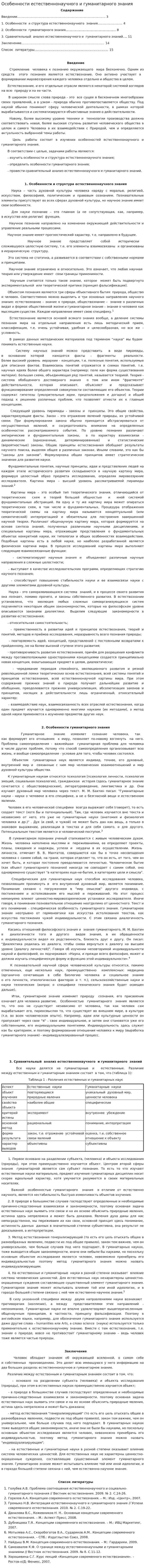 Особенности естественнонаучного и гуманитарного знания