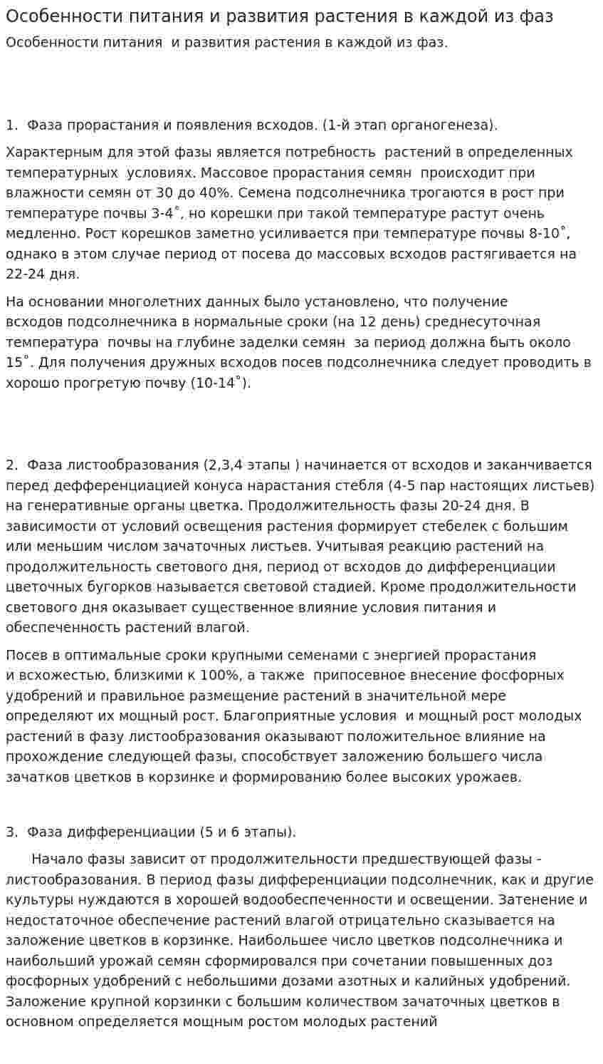 Особенности питания и развития растения в каждой из фаз