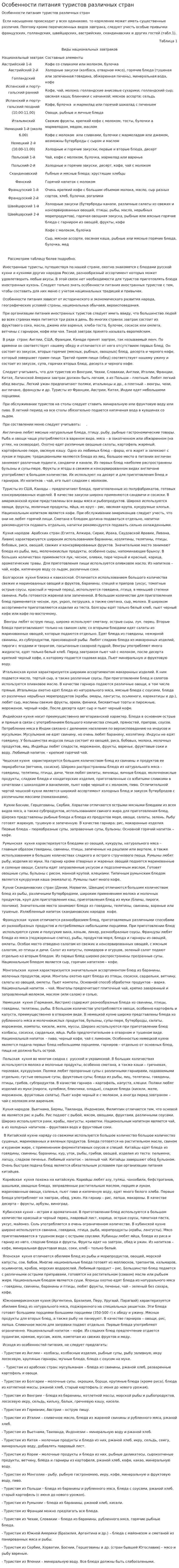 Особенности питания туристов различных стран