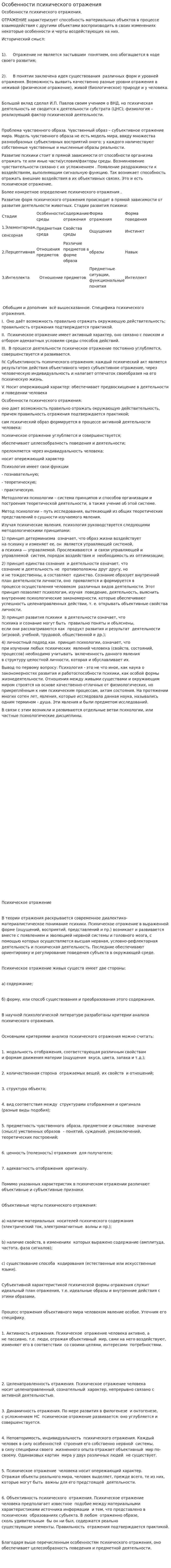 Особенности психического отражения