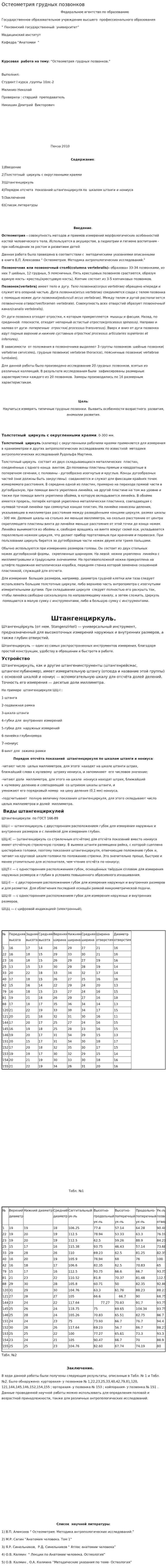 Остеометрия грудных позвонков