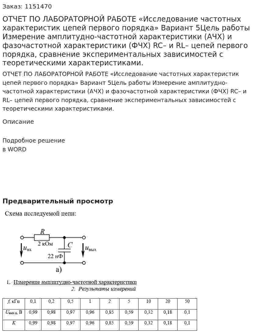 ОТЧЕТ ПО ЛАБОРАТОРНОЙ РАБОТЕ  «Исследование частотных характеристик цепей первого порядка»  Вариант 5Цель работы Измерение амплитудно-частотной характеристики (АЧХ) и фазочастотной характеристики (ФЧХ) RC– и RL– цепей первого порядка, сравнение экспериментальных зависимостей с теоретическими характеристиками.  