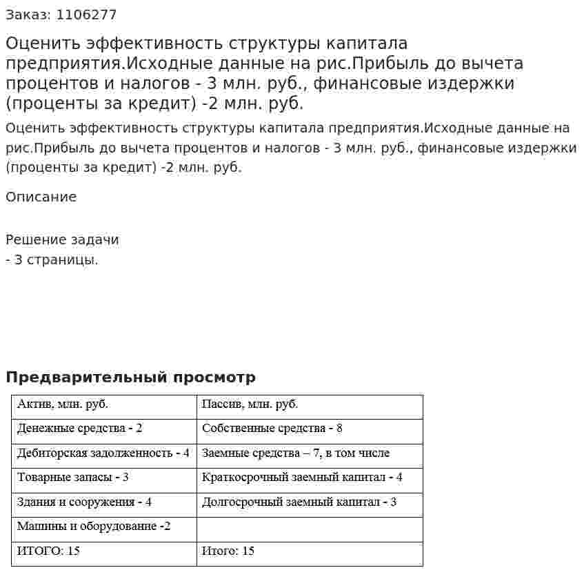 Оценить эффективность структуры капитала предприятия.Исходные данные на рис.Прибыль до вычета процентов и налогов - 3 млн. руб., финансовые издержки (проценты за кредит) -2 млн. руб. 