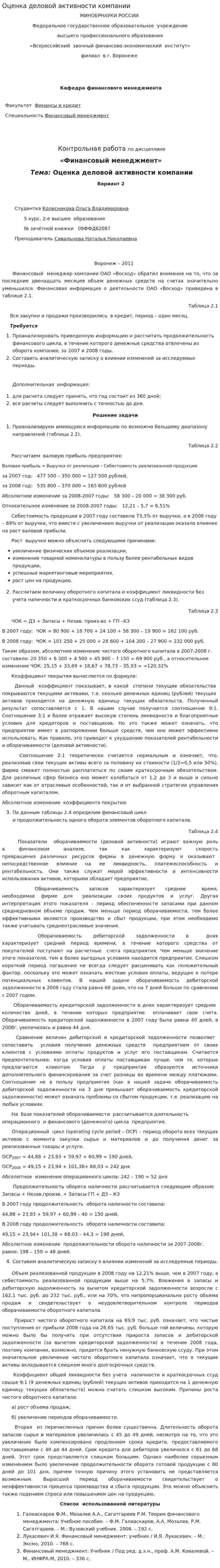 Оценка деловой активности компании. 11