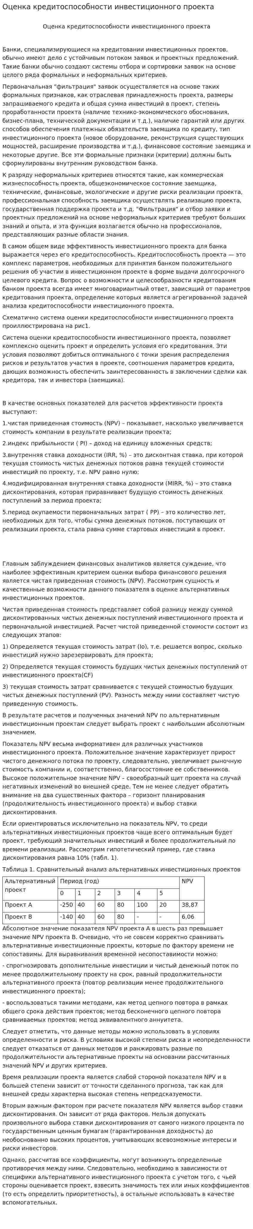 Оценка кредитоспособности инвестиционного проекта