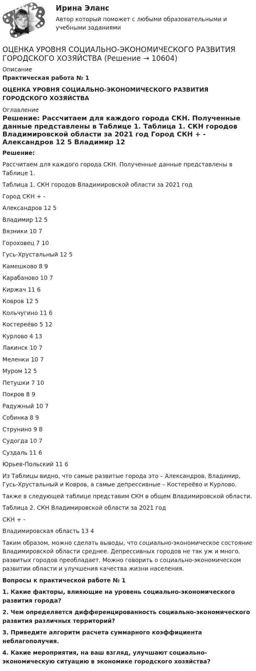     
          Описание
           Практическая работа № 1 ОЦЕНКА УРОВНЯ СОЦИАЛЬНО-ЭКОНОМИЧЕСКОГО РАЗВИТИЯ ГОРОДСКОГО ХОЗЯЙСТВА 
          Оглавление
           Решение:	Рассчитаем для каждого города СКН. Полученные данные представлены в Таблице 1.	 	Таблица 1. СКН городов Владимировской области за 2021 год  Город      СКН   + -   Александров 12 5   Владимир 12 5   Вязники 10 7   Гороховец 7 10   Гусь-Хрустальный 12 5   Камешково 8 9   Карабаново 10 7   Киржач 11 6   Ковров 12 5   Кольчугино 11 6   Костереёво 5 12   Курлово 4 13   Лакинск 10 7   Меленки 10 7   Муром 12 5   Петушки 7 10   Покров 8 9   Радужный 10 7   Собинка 8 9   Струнино 9 8   Судогда 10 7   Суздаль 11 6   Юрьев-Польский 11 6Из Таблицы видно, что самые развитые города это – Александров, Владимир, Гусь-Хрустальный и Ковров, а самые депрессивные – Костереёво и Курлово.Также в следующей таблице представим СКН в общем Владимировской области.Таблица 2. СКН Владимировской области за 2021 год    СКН   + -   Владимировская область 13 4Таким образом, можно сделать выводы, что социально-экономическое состояние Владимировской области среднее. Депрессивных городов не так уж и много, развитых городов преобладает. Можно говорить о социально-экономическом развитии области и улучшения качества жизни населения. Вопросы к практической работе № 11. Какие факторы, влияющие на уровень социально-экономического развития города?2. Чем определяется дифференцированность социально-экономического развития различных территорий?3. Приведите алгоритм расчета суммарного коэффициента неблагополучия.4. Какие мероприятия, на ваш взгляд, улучшают социально-экономическую ситуацию в экономике городского хозяйства? 
            
            
            Оценка уровня организации производственных процессов (Практическая 3)ОЦЕНКА УРОВНЯ СОЦИАЛЬНО-ЭКОНОМИЧЕСКОГО РАЗВИТИЯ ГОРОДСКОГО ХОЗЯЙСТВАОценка уровня физического развития Оценка условий труда каменщикаОценка функциональных возможностей кардиореспираторной системы и подбору оптимального двигательного режимаОценка экономической эффективности капитальных вложений на строительство объекта связиОценка эффективностиОценка стоимости нематериальных активов и интеллектуальной собственности (тест с ответами Синергия)Оценка стоимости нематериальных активов и интеллектуальной собственности (тест с ответами Синергия/МОИ/ МТИ /МОСАП)Оценка стоимости ценных бумаг (ответы на тест Синергия / МТИ / МОИ / МосАП)Оценка стоимости ценных бумаг (тест с ответами Синергия/МОИ/ МТИ)Оценка стратегического потенциала внешней среды и Стратегическая оценка внутренней среды предприятияОценка трудовой деятельности определяется степенью соответствияОценка уровня ликвидности ПАО Ново-банк 01.1.2019
