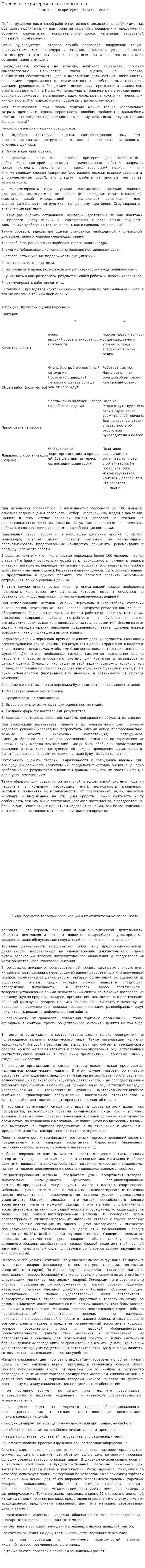Оценочные критерии штата персонала