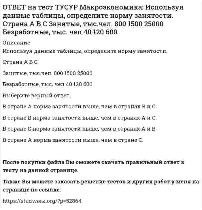     
          Описание
          Используя данные таблицы, определите относительный прирост (%) ВВП в каждой стране.B стране G относительный прирост ВВП был выше, чем в стране F   B стране F относительный прирост ВВП был выше, чем в стране N   B странах N и F относительные приросты ВВП были одинаковыми   B стране N относительный прирост ВВП был выше, чем в стране FПосле покупки Вы сможете скачать файл с правильным ответом на тестовый вопрос.Также Вы можете заказать решение тестов и других работ у меня на странице по ссылке:   
            
            
            ОТВЕТ на тест ТУСУР Макроэкономика: Используя данные таблицы, определите относительный прирост (%) ВВП в каждой стране. B стране G относительный прирост ВВП был выше, чем в стране F B стране F относительный прирост ВВП был выше, чем в стране NОТВЕТ на тест ТУСУР Макроэкономика: Используя данные таблицы, определите предельную склонность к потреблению после введения системы пропорционального налогообложения доходов домохозяйств. Предельная склонность к потреблению 0.8 ? 15.0ОТВЕТ на тест ТУСУР Макроэкономика: Используя данные таблицы, определите, сколько ден. ед. следует заплатить двум субъектам за 20 ед. общественного блага. Цена, ден. ед. за 1 ед. блага Спрос 1-го домохозяйства Спрос 2-го домохозяйства 60 0 5 50 0 10ОТВЕТ на тест ТУСУР Макроэкономика: Используя данные таблицы, определите, сколько ден.ед. следует заплатить трем субъектам за 20 ед. общественного блага Цена, ден. ед. за 1 ед. блага Спрос 1-го домохозяйства Спрос 2-гоОТВЕТ на тест ТУСУР Макроэкономика: Используя данные таблицы, определите страну, в которой дефлятор выше. Показатель Страна А Страна В Страна С ВВПреальн, ден.ед 120 240 60 ВВПном, ден.ед 140 260 80 Страна А Страна B Страна CОТВЕТ на тест ТУСУР Макроэкономика: Используя данные таблицы, рассчитайте дефлятор. Показатель Страна А Страна В Страна С ВВПреальн, ден.ед 120 240 60 ВВПном, ден.ед 140 260 80ОТВЕТ на тест ТУСУР Макроэкономика: Используя кривые производственных возможностей, расположенные на рисунке, выберите верный ответ. Переход страны из точки C в точку D характеризует перераспределение ресурсов в пользу товара Х. Переход страны изОТВЕТ на тест ТУСУР Макроэкономика: Используя данные таблицы, определите величину предельной склонности к сбережению при увеличении выпуска с 400 до 500 ден. ед. Y 100 200 300 400 500 C 130 200 270 340 410ОТВЕТ на тест ТУСУР Макроэкономика: Используя данные таблицы, определите величину предельных внешних издержек на производство товара. Предельные частные издержки Предельные внешние издержки Предельные общественные издержки 18.5 ? 28.6ОТВЕТ на тест ТУСУР Макроэкономика: Используя данные таблицы, определите величину предельных внешних издержек на производство товара. Предельные частные издержки Предельные внешние издержки Предельные общественные издержки 42.5 ? 58.4ОТВЕТ на тест ТУСУР Макроэкономика: Используя данные таблицы, определите величину рецессионного разрыва Мультипликатор автономных расходов ВВП в условиях полной занятости ресурсов Фактический ВВП 4 1200 920ОТВЕТ на тест ТУСУР Макроэкономика: Используя данные таблицы, определите величину средней склонности к потреблению (в процентах) при выпуске равном 300 ден. ед. Y 100 200 300 400 500 C 130 200 270 340 410ОТВЕТ на тест ТУСУР Макроэкономика: Используя данные таблицы, определите изменение объема ВВП под влиянием изменения паушальных налогов. Мультипликатор государственных закупок Предельная склонность к потреблению Изменение паушальных налогов 5 0.8 420ОТВЕТ на тест ТУСУР Макроэкономика: Используя данные таблицы, определите налоговый мультипликатор после введения пропорциональной ставки налога на доходы домохозяйств. 